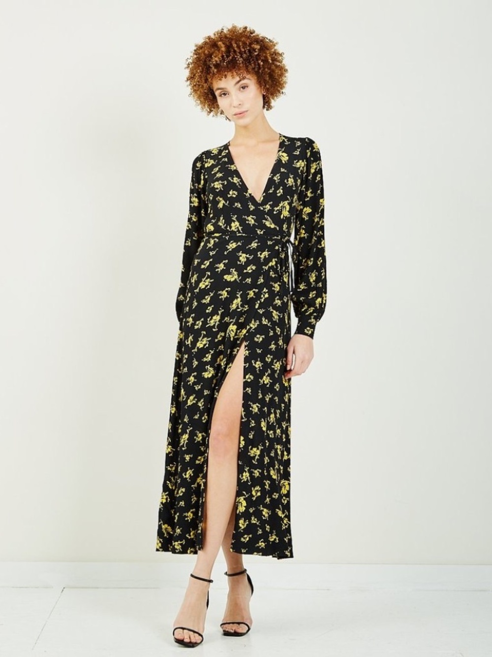 GANNI Printed Crepe Floral Wrap Maxi Dress Black Yellow